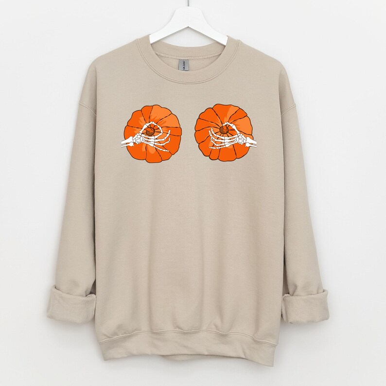Halloween Pumpkin Boobs Sweatshirt / Skeleton Hands / Pumpkin Boobs / Pumpkin Tits Halloween Costume Unisex Long Sleeve Warm Sweatshirt Sand