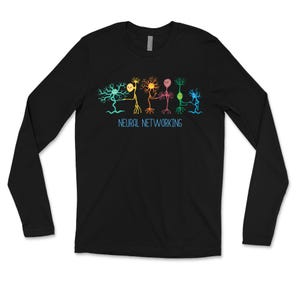 May include: Black long-sleeve shirt with a colorful graphic of neuron-like figures holding hands. The text "NEURAL NETWORKING" is printed in light blue below the figures. The figures are in shades of green, yellow, orange, pink, and blue.