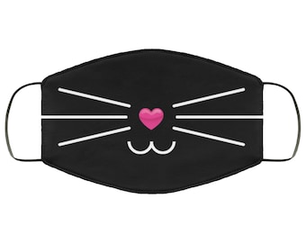 May include: Black face mask with a white cat face design. The cat has a pink heart nose and white whiskers.