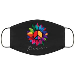 May include: Black face mask featuring a colorful flower design with a peace symbol at the center. The flower petals are various colors, and the word "Peace" is written in cursive below the flower.