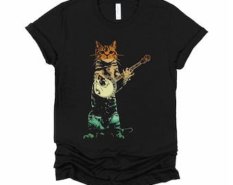 Retro Cat Playing Banjo Tshirt / Cute Kitten Shirt / Banjo Player T Shirt / Cat Lover Tee / Musican Top / Musical Instrument Unisex XS-4XL