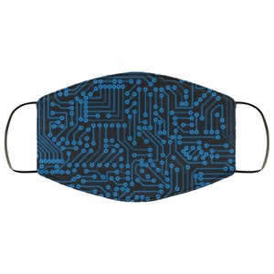 May include: A black face mask with a blue circuit board pattern.