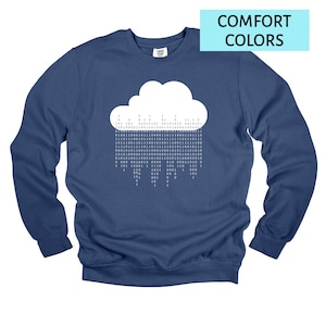 Op de afbeelding: Een marineblauwe sweatshirt met een witte wolkengrafiek met binaire code. De tekst "COMFORT COLORS" staat in een lichtblauwe rechthoek. De sweatshirt heeft een ronde hals en lange mouwen.