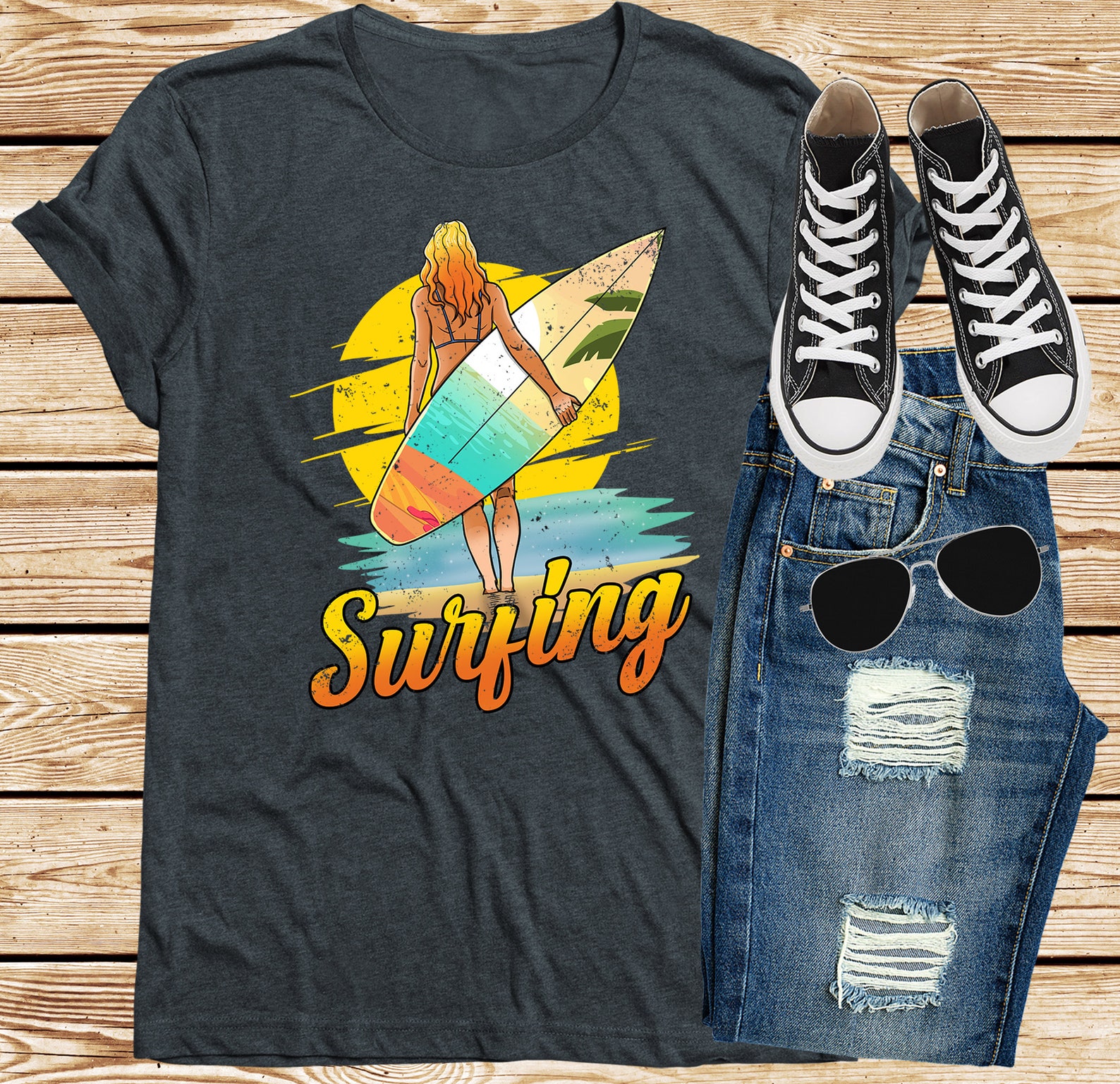 Surfer Girl Tshirt vintage Surfing Shirt Surfboard Art Gift Etsy