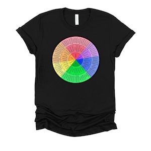 May include: Black t-shirt with a colorful wheel featuring a list of emotions and feelings. The wheel is divided into sections with different colors, including red, orange, yellow, green, blue, and purple. Each section contains a list of words related to a specific emotion, such as anger, sadness, fear, joy, and love.