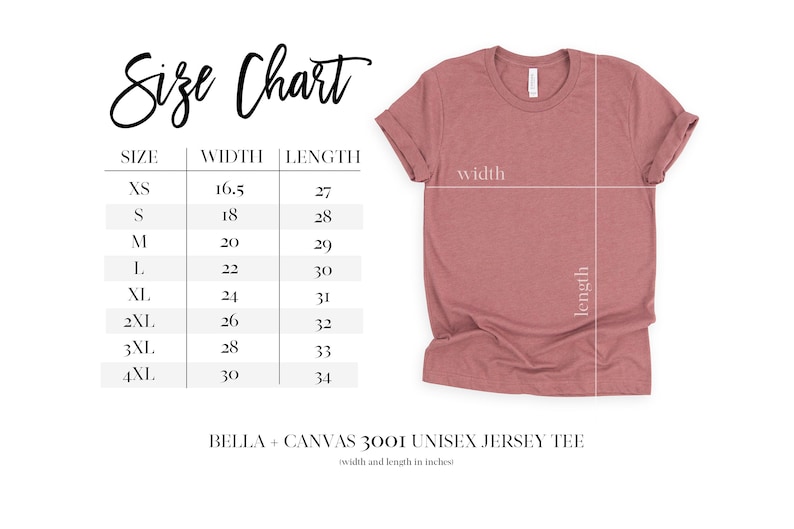 May include: Size chart for Bella + Canvas 3001 Unisex Jersey Tee. The chart shows the width and length in inches for sizes XS to 4XL.