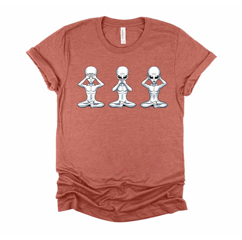 May include: A heather red t-shirt featuring a graphic of three grey aliens in a row. The aliens are in a yoga pose, with one covering their eyes, one covering their mouth, and one covering their ears.