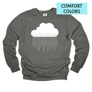 Op de afbeelding: Een donkergrijs sweatshirt met een witte wolkengrafiek waaruit binaire code regent. De tekst "COMFORT COLORS" staat in een lichtblauwe rechthoek. De sweatshirt heeft lange mouwen en een ronde hals.