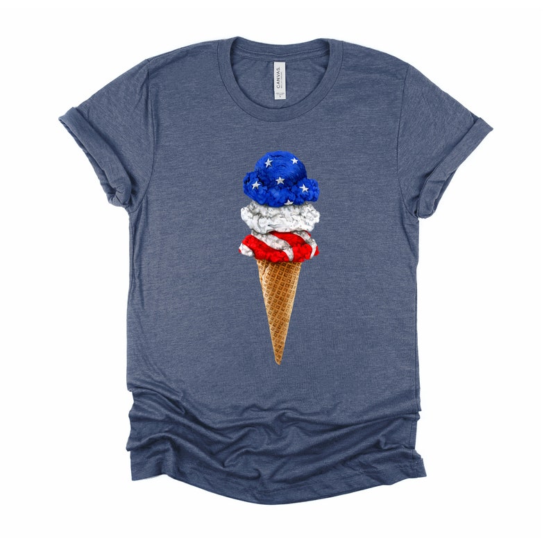 May include: A blue, white, and red ice cream cone with a waffle cone. The ice cream is shaped like the American flag.