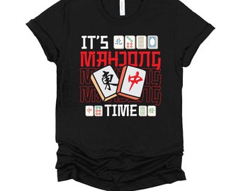 May include: Black t-shirt with white text that reads "It's Mahjong Time" with a red Chinese character and a green and white mahjong tile graphic.