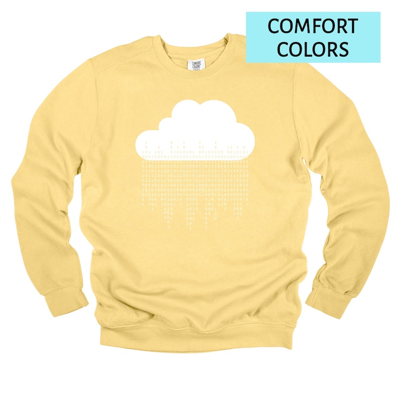 Op de afbeelding: Een gele sweatshirt met een witte wolkengrafiek en de tekst "COMFORT COLORS" in een blauwe rechthoek. Het wolkenontwerp heeft een regenachtig patroon van witte tekst. De sweatshirt is een crew neck stijl.