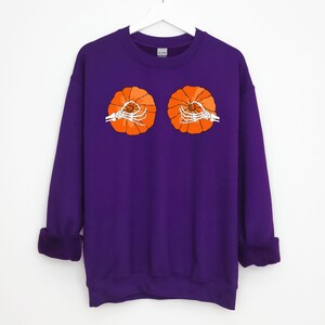 Halloween Pumpkin Boobs Sweatshirt / Skeleton Hands / Pumpkin Boobs / Pumpkin Tits Halloween Costume Unisex Long Sleeve Warm Sweatshirt Purple