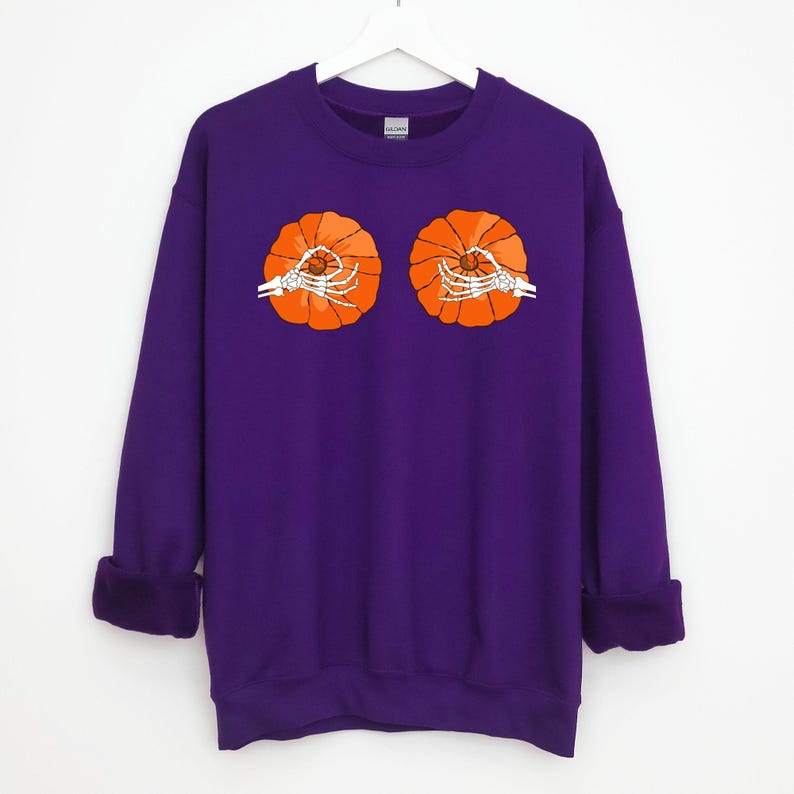 Halloween Pumpkin Boobs Sweatshirt / Skeleton Hands / Pumpkin Boobs / Pumpkin Tits Halloween Costume Unisex Long Sleeve Warm Sweatshirt Purple