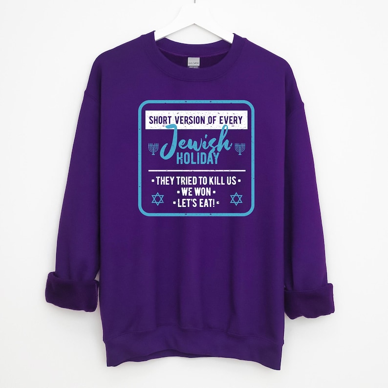 Funny Jewish Sweatshirt, Passover Christmas Sweater Hanukkah Gifts Holiday Sweatshirts Pullover Long Sleeve Unisex S-5X Purple