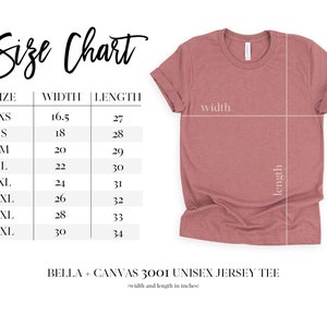 May include: Size chart for Bella + Canvas 3001 Unisex Jersey Tee. The chart shows the width and length in inches for sizes XS to 4XL.