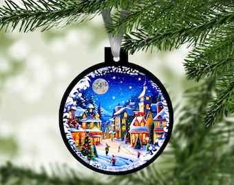 Christmas Aluminum Ornament / Snowy Village Ornament / Vintage Christmas Village Scene / Holiday Ornament / Snowy Christmas Ornament