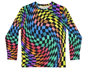 Colorful Checkered Pattern Shirt / Rave Clothing / Graphic Long-Sleeve Shirt / Optical Illusion T-shirt / All Over Print Long Sleeve XS-4X