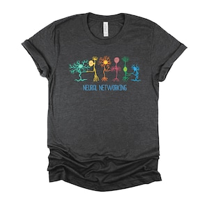 May include: Dark heather grey t-shirt with a graphic of colorful neurons connected to each other. The text "NEURAL NETWORKING" is printed below the graphic.