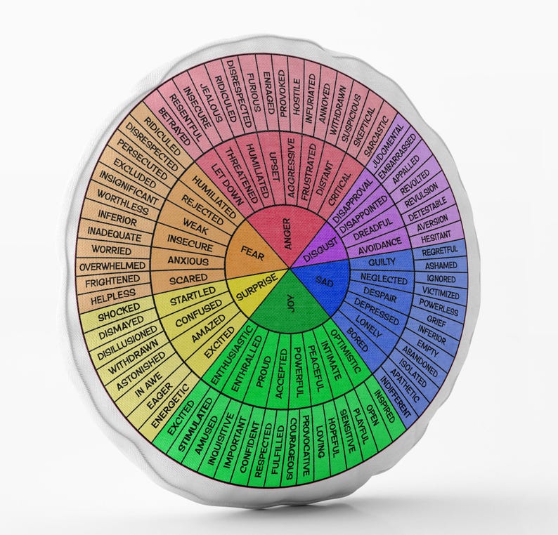 May include: A white round cushion with a colourful wheel of emotions. The wheel is divided into sections with different colours and words describing various emotions, such as joy, anger, sadness, fear, and disgust. The words are arranged in a circle around the centre of the cushion.