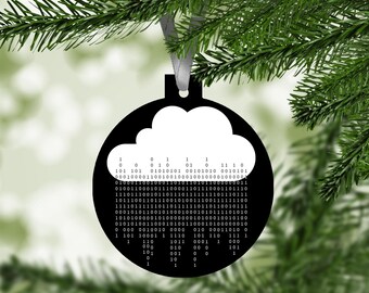 May include: A black and white Christmas bauble shaped like a cloud with a binary code pattern. The cloud is white and the background is black.