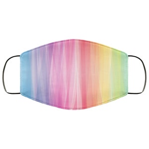 May include: A rainbow-colored face mask with a vertical stripe pattern. The mask is made of a soft, breathable fabric and has adjustable ear loops.
