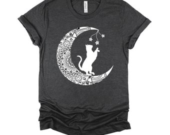 Cat Moon Tshirt, Playful Cat Mandala Shirt, Crescent Moon Tee, Cat Mom T Shirt, Animal Lover Unisex T-Shirt XS-4X