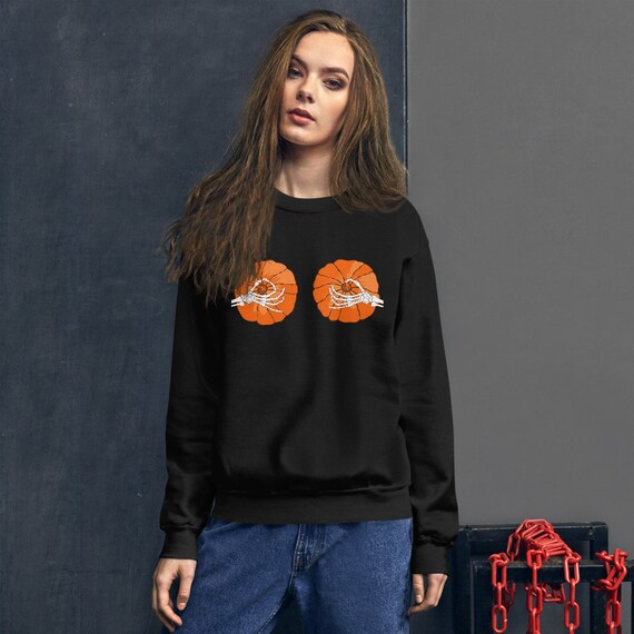 Halloween Pumpkin Boobs Sweatshirt / Skeleton Hands / Pumpkin Boobs / Pumpkin Tits Halloween Costume Unisex Long Sleeve Warm Sweatshirt