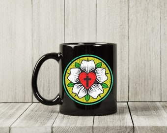 Lutheran Mug / Religious Protestant Cross / Faith Personalized Coffee Mug / Customized Mugs / 11oz. Ceramic Black Mug