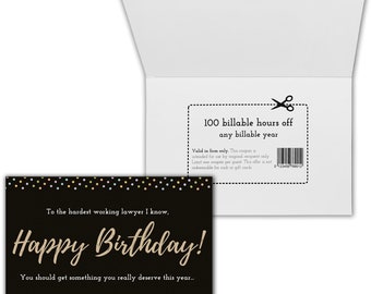 carte d'anniversaire d'avocat | Bon de réduction amusant de 100 heures facturables
