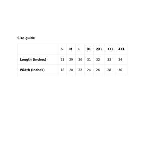 May include: A white size guide chart with black text. The chart lists shirt sizes S through 4XL, with corresponding length and width measurements in inches. Lengths range from 28 to 34 inches, and widths range from 18 to 30 inches.
