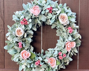 Farmhouse Floral Wreath: Lambs Ear, Roses & Peonies Grapevine Wreath