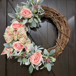 Handmade Peach Rose Grapevine Wreath: Spring Farmhouse Decor