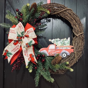Red Truck Christmas Wreath: Rustic Farmhouse Pine Wreath