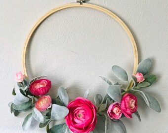 Handmade Peony Hoop Wreath: Faux Lambs Ear, Nursery Decor