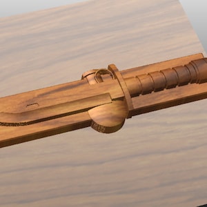 May include: A wooden carving of a knife with a wooden handle and a serrated blade. The knife is mounted on a wooden plaque.