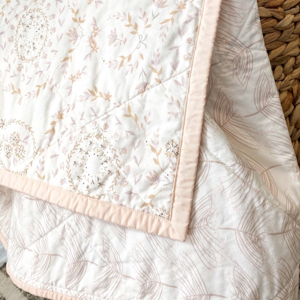 Baby girl quilt modern pink shabby chic florals, personalized handmade cotton crib or toddler wholecloth quilted blanket, baby shower gift
