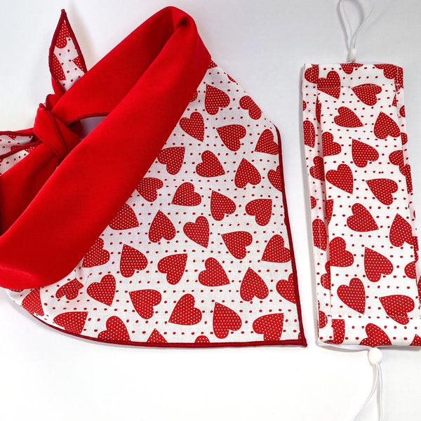 Matching dog owner set Valentine’s hearts bandana and face mask with filter, reversible tie on dog bandana and mask set, dog mom gift set