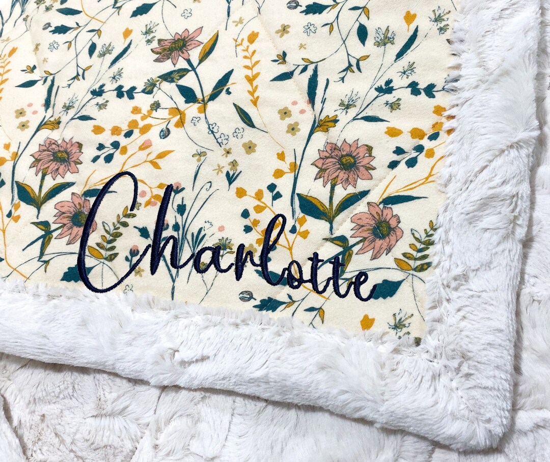 Baby Girl Quilt Handmade Boho Wildflowers, Faux Fur Minky Personalized