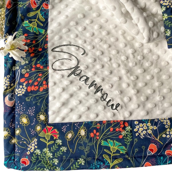 Dog blanket personalized navy floral, embroidered custom name puppy blanket, minky dog blanket, puppy snuggle blanket, gift idea for dogs