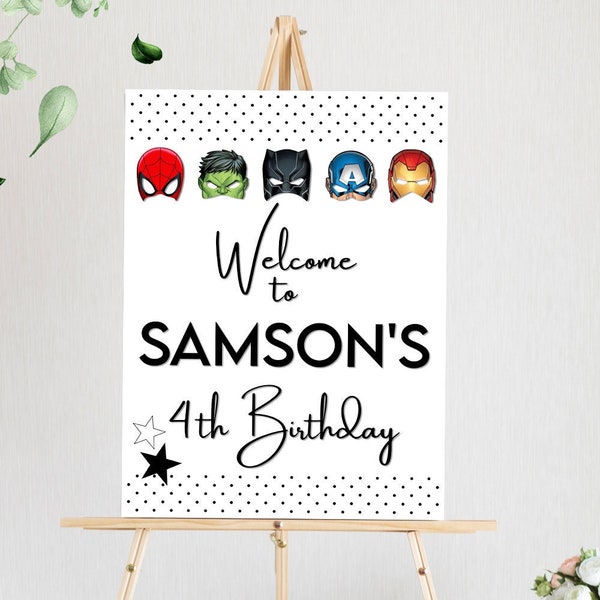 DC Marvel Avengers Welcome Sign, Kids birthday party Avengers Poster, Superhero masks welcome Editable Printable Template Instant Download