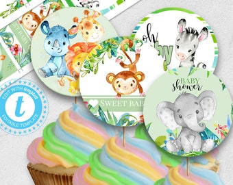 Cupcake Toppers Jungle Animals, Safari Swing Tags or Stickers, Elephant Decor, Jungle theme party favours Editable Templett Download BSJ01