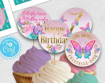 EDITABLE Butterfly Cupcake Toppers Girls Floral Party Glitter Swing Tags Labels Stickers Decoration Digital Printable Instant Download Corjl