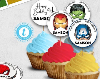 DC Marvel Avengers Cupcake Topper Tags, Superhero masks Decoration Kids birthday party favours Editable Printable Template Instant Download