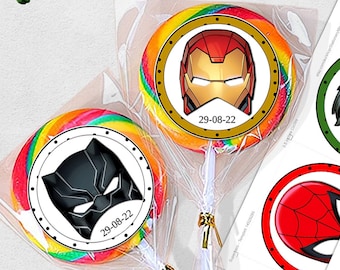 DC Marvel Avengers sticker tags, Superhero masks lollipop labels Kids birthday party favours, Editable Printable Template Digital Download