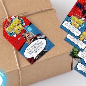 DC Marvel Avengers thank you gift tags, Superhero labels Kids birthday party Avengers, Editable Printable Template Instant Download Hero01