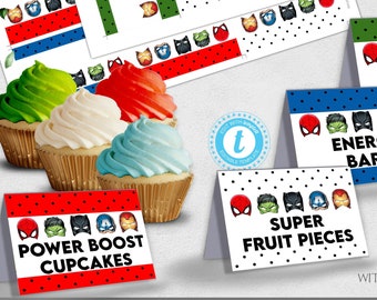 DC Marvel Avengers Editable Food Tents, 4 food labels or table name place cards, Kids birthday party Superhero masks Edit Instant Download