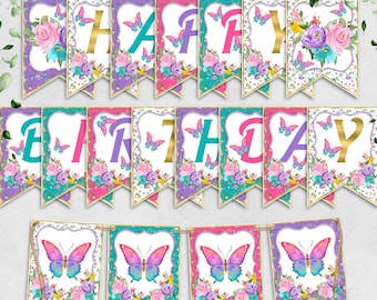 Butterfly Kisses Birthday Banner, Butterfly Bunting Floral, Girl Flags Decorations Pink Glitter Flowers printable Party Decor favor Corjl