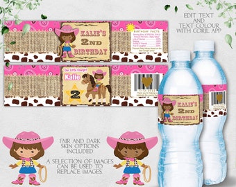 Cowgirl Waterbottle Label, Dark & light skin Cowgirl, juice bottle drink label wrapper Western Pink Girl Editable Corjl