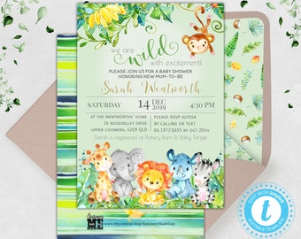 Baby Shower Invitation Jungle Theme, Safari Animals Elephant Giraffe Lion Monkey Zebra Rhino, Editable Baby Invite Templett Download BSJ01