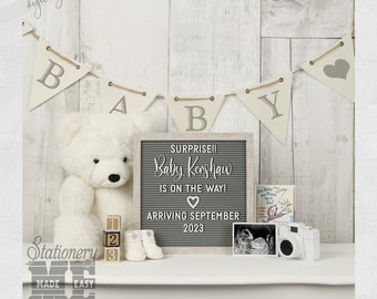 Pregnancy Announcement for Social Media, Gender neutral White Bear Digital Letter board Announcement, Editable Template, Facebook Instragram